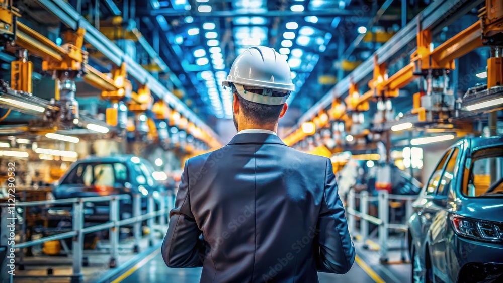 Industrial bokeh: A mechanic's back view during vehicle inspection, showcasing manufacturing precision. Industrial bokeh: A mechanic's back view during vehicle inspection, showcasing manufacturing precision.