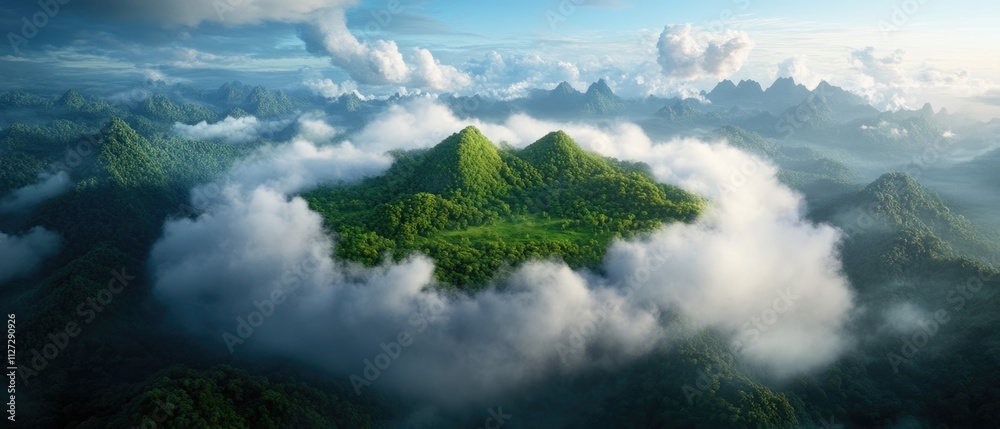 Fototapeta premium Climate action to reduce co2 emissions lush mountain landscape aerial view serene environment nature conservation efforts