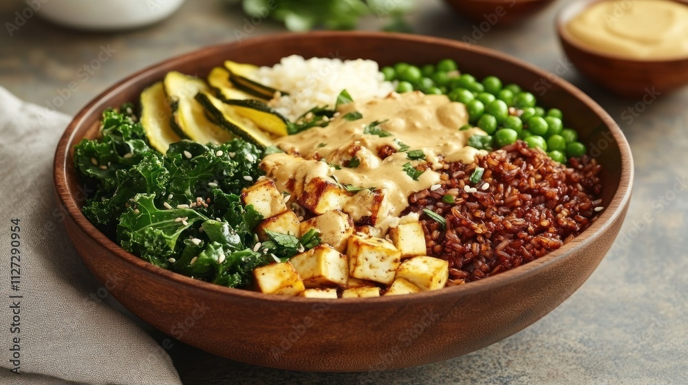 A colorful bowl filled with grains, vegetables, and tofu drizzled with sauce. A colorful bowl filled with grains, vegetables, and tofu drizzled with sauce.
