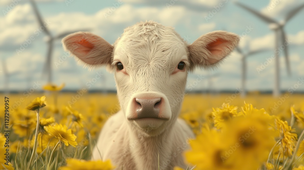Fototapeta premium A curious calf stands in a field of yellow flowers, surrounded by towering wind turbines against a bright, cloudy sky.