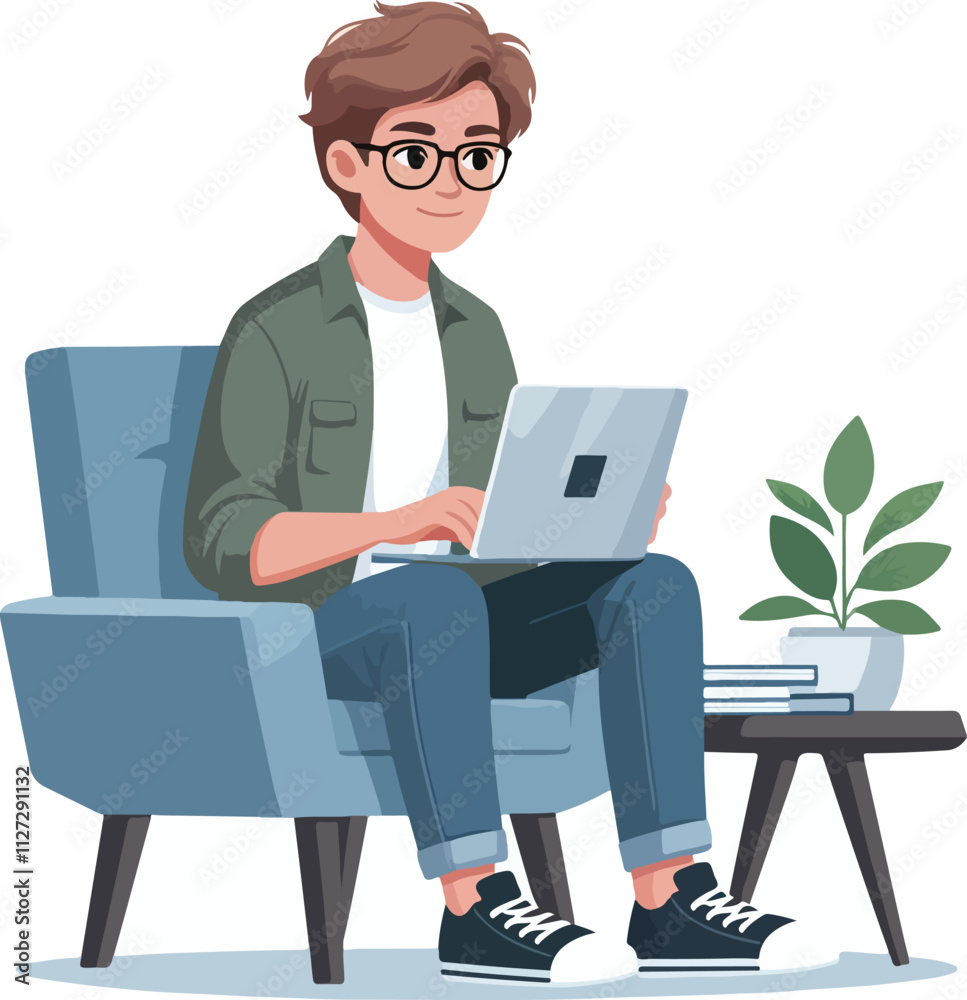a boy is using his laptop vector a boy is using his laptop vector