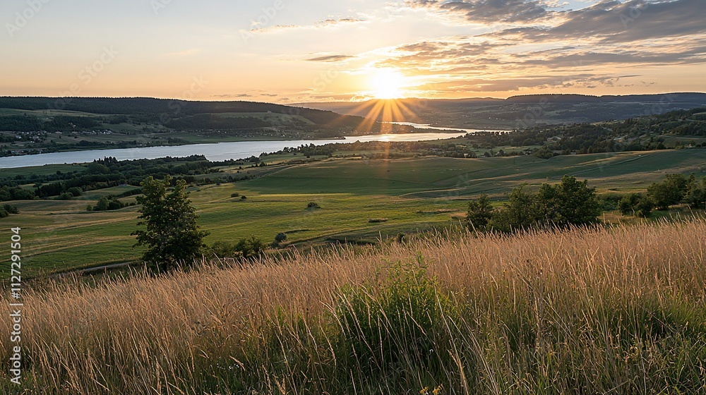 Obraz premium Sunset over lake and fields.
