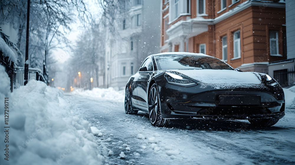 A sleek electric car abandoned on an icy street snow piling up around its summer tires.
