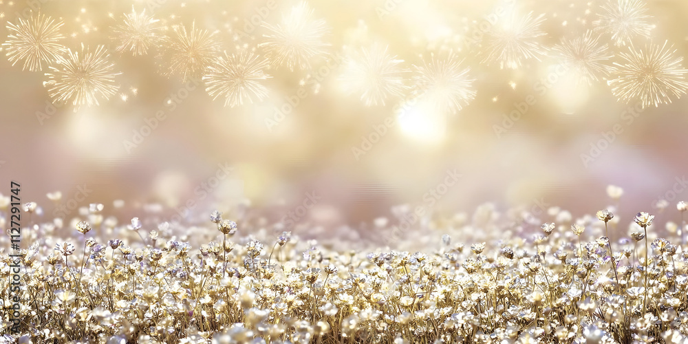 Enchanting golden meadow illuminated by soft lights, evoking a dreamlike ambiance during a serene twilight moment filled with shimmering flowers and magical sparkles Enchanting golden meadow illuminated by soft lights, evoking a dreamlike ambiance during a serene twilight moment filled with shimmering flowers and magical sparkles