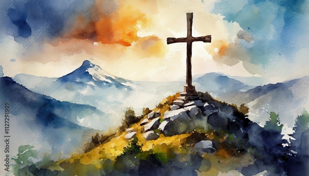 Obraz premium Good Friday Crossen On Mount Calvary A Serene Watercolour Depiction of the Crucifixion, Symbolizing Faith, Sacrifice, and Redemption in a Beautifully Crafted Art Piece