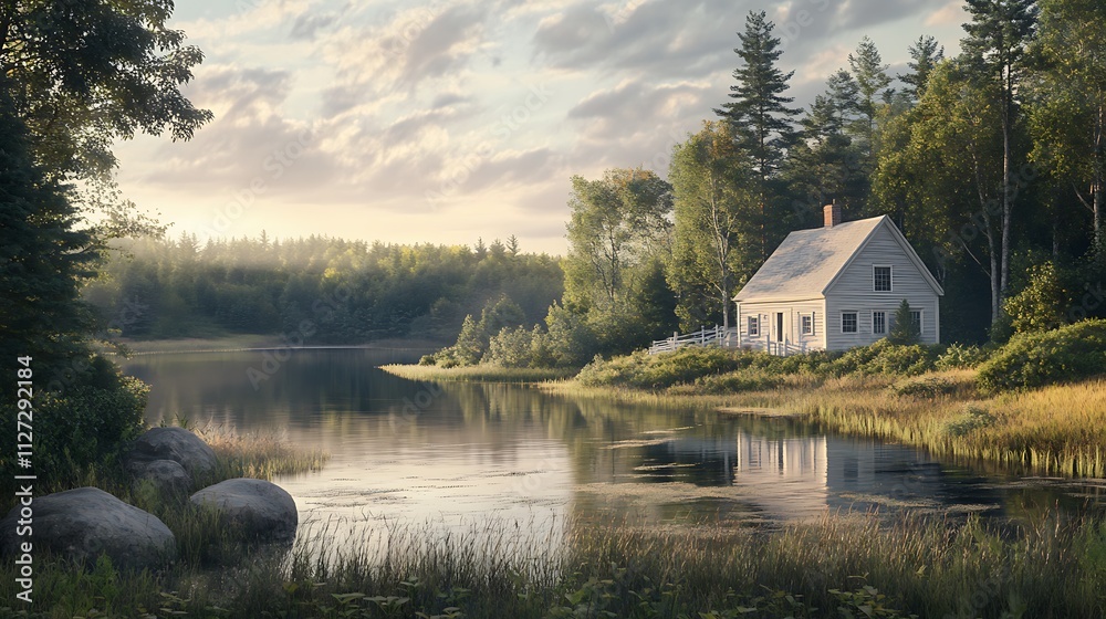 Fototapeta premium A serene lakeside scene featuring a cozy house surrounded by trees and calm waters.