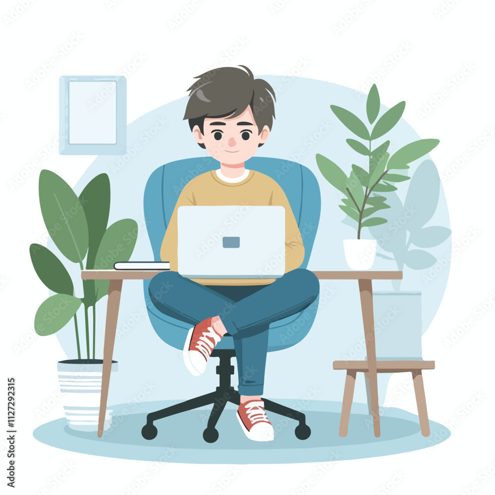 a boy is using his laptop vector a boy is using his laptop vector