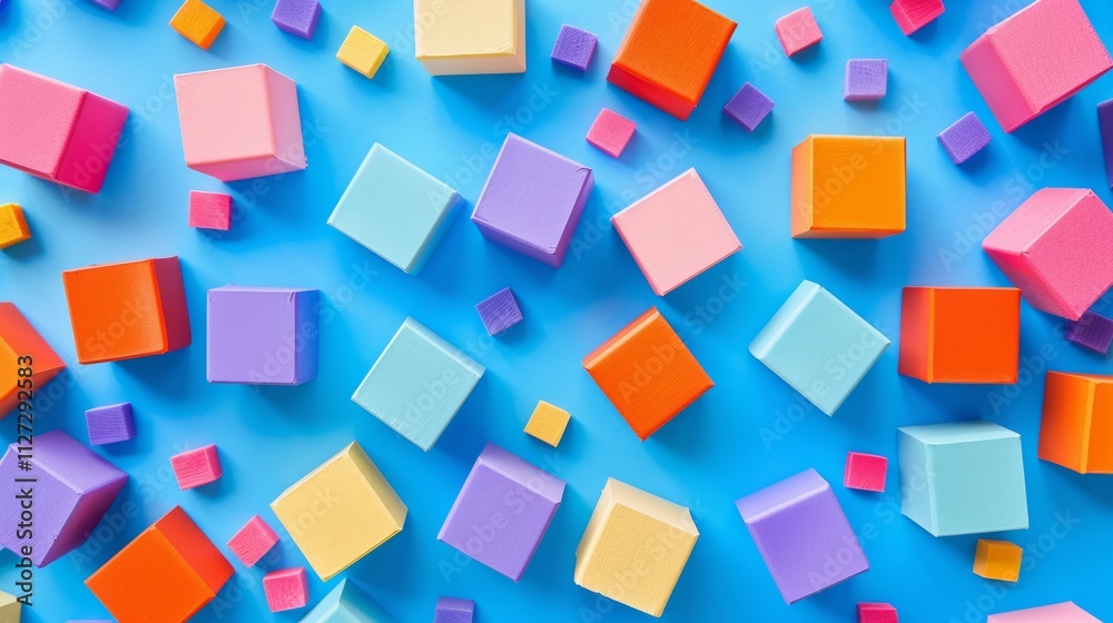 Colorful abstract arrangement of geometric blocks on a blue background Colorful abstract arrangement of geometric blocks on a blue background