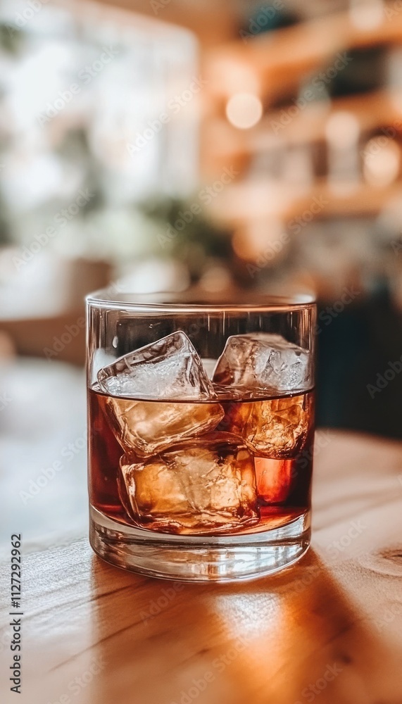 A glass of whiskey with ice cubes, placed on a wooden table in a cozy setting. A glass of whiskey with ice cubes, placed on a wooden table in a cozy setting.