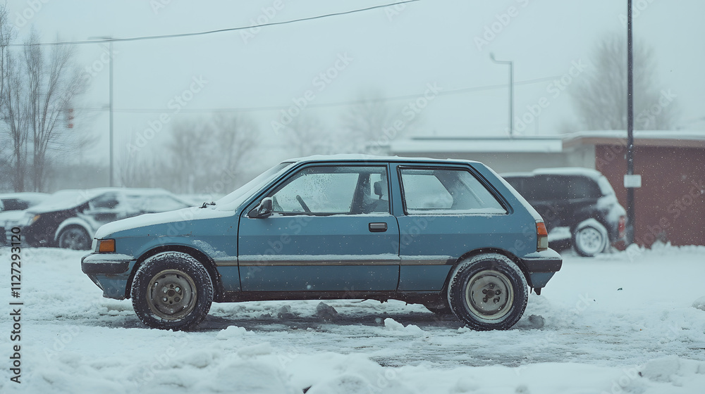A small hatchback stuck in a snowy parking lot its summer tires spinning and polishing the ice below.