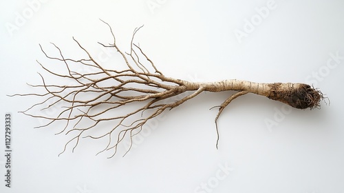  single taproot with lateral branches extending outward is isolated on a clean white canvas, emphasizing its symmetrical and balanced structure.