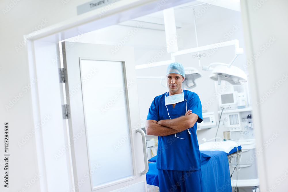 Obraz premium Pride, portrait and doctor as surgeon in theatre for heart transplant, cardiology and operation, Male person, medical professional and specialist for clinic, surgery and healthcare with arms crossed