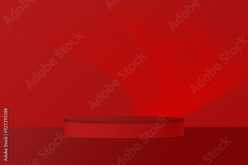 Dark red podium, abstract wavy background	