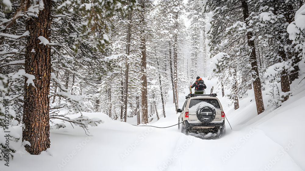 A snow-covered SUV pulling a skier uphill through a winding snowy trail in a forest.