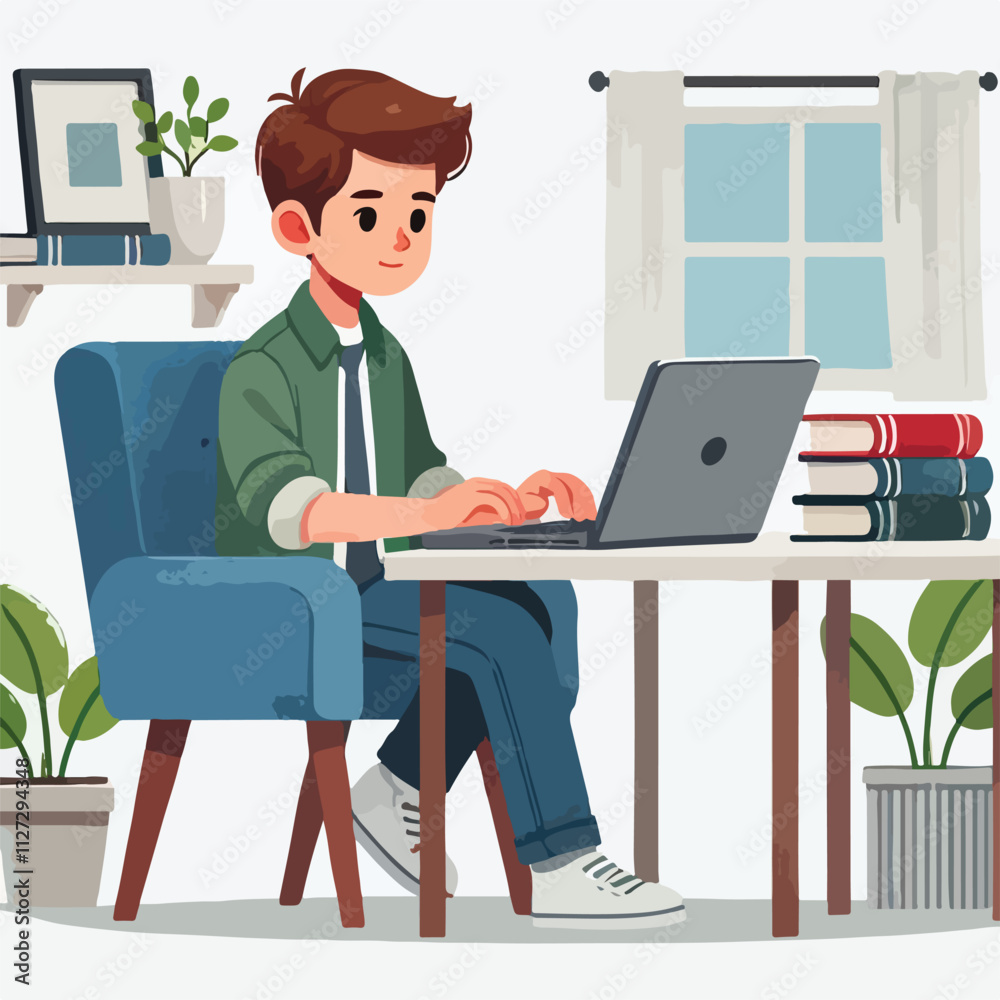 a boy is using his laptop vector a boy is using his laptop vector
