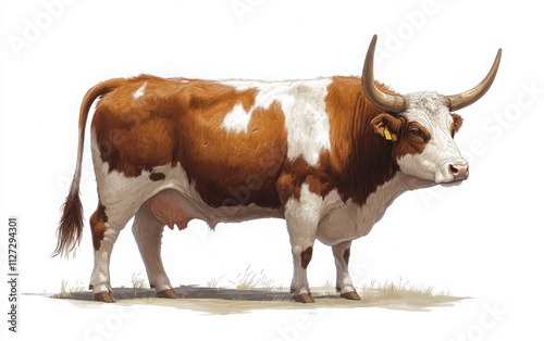 A realistic side view illustration of a brown and white cow, standing on four legs with its head slightly tilted to the right. Its long, muscular body is covered in short
