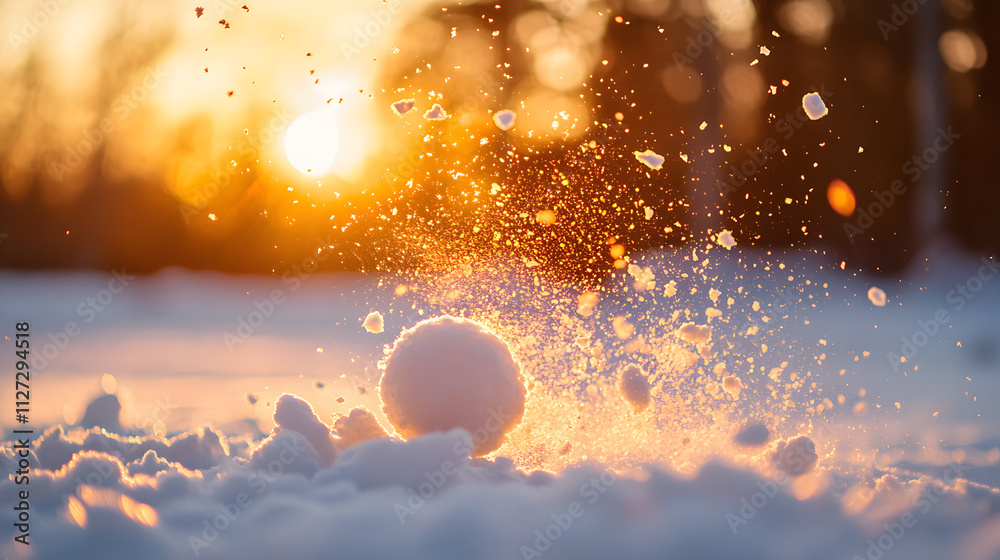 A snowball fight erupting at sunrise in a quiet snowy field with golden light illuminating the scene.
