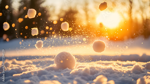 A snowball fight erupting at sunrise in a quiet snowy field with golden light illuminating the scene.