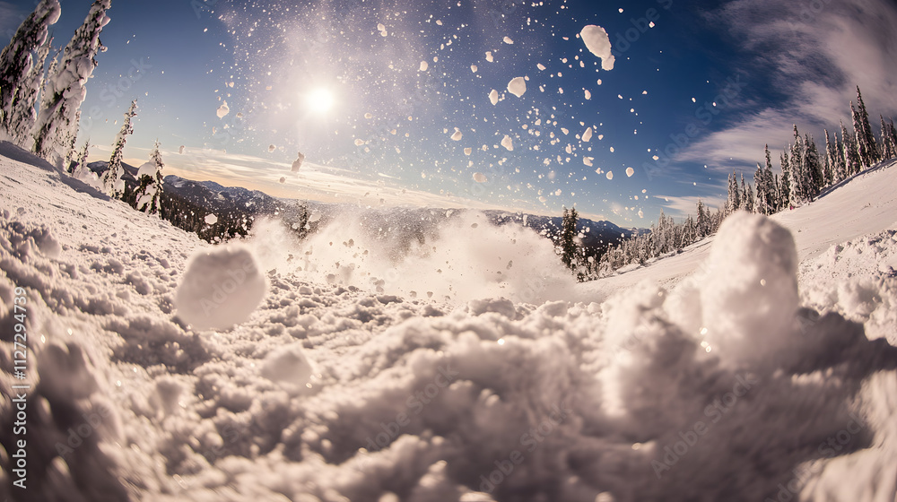 A snowball fight erupting at the top of a ski hill surrounded by fresh powder.