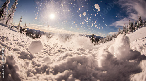 A snowball fight erupting at the top of a ski hill surrounded by fresh powder.