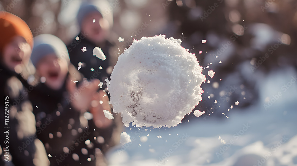 A snowball mid-flight with a group of friends laughing in the background.