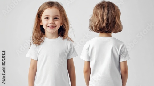 Child kids blank white shirt template mock up, front and back t-shirt design isolated