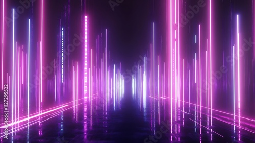 Neon Pink and Blue Light Corridor: 3D Render of Futuristic Cityscape. AI Generated