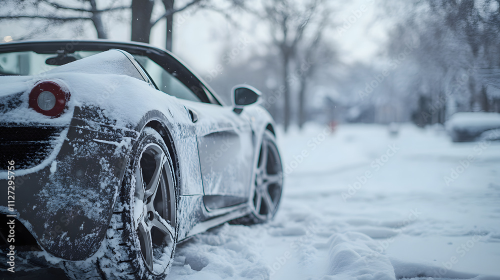 A sports car abandoned in a snowy parking lot its summer tires visibly unsuited for the icy terrain.