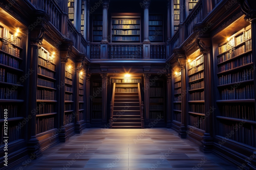 Grand library with dark wood shelves and warm lighting in an atmospheric setting Grand library with dark wood shelves and warm lighting in an atmospheric setting