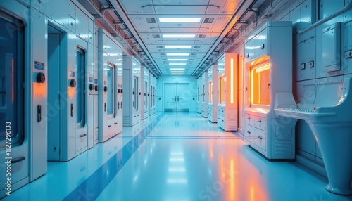 Futuristic Laboratory Corridor Blue and Orange Neon Lights Clean Modern Interior Design Sci-Fi Medical Facility