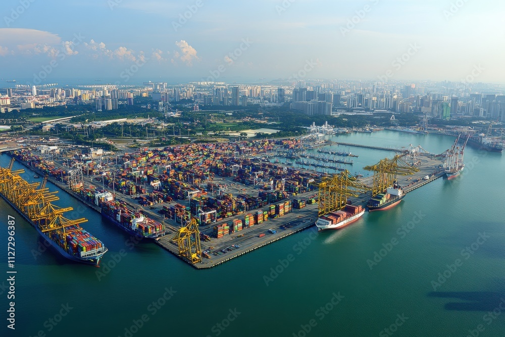 Naklejka premium Aerial View of a Busy Shipping Port in Mid Afternoon Light Showcasing Rows of Colorful Containers and Docked Ships with City Skyline in the Background