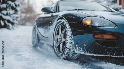Obraz na płótnie A sports car with summer tires spinning in place on a snow-covered driveway unable to move. w salonie