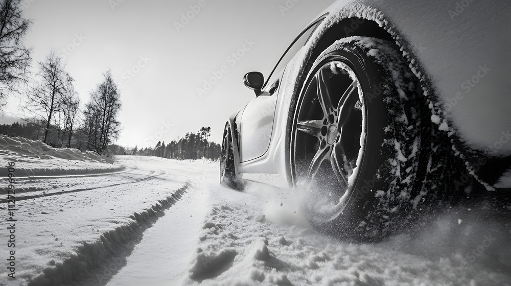 A sporty coupe fishtailing on a snow-covered road its summer tires unable to maintain control.