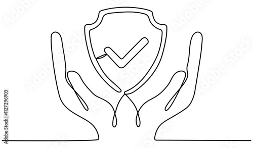 Hands hold shield badge continuous line art drawing. Approval check guard symbol in arm. Insurance sign. Vector illustration isolated on white.
