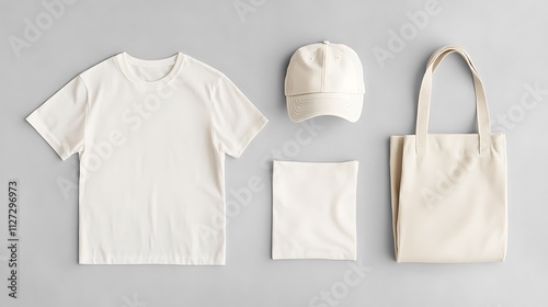 White tshirt cap and tote bag mockup display