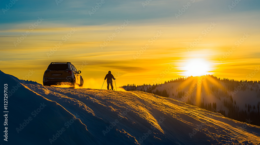 A stunning sunset silhouette of a skier being pulled by a car on a snowy hill.