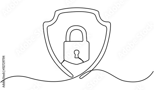 Guard badge with padlock inside continuous line drawing. Protect and security concept. Vector hand drawn illustration isolated on white.