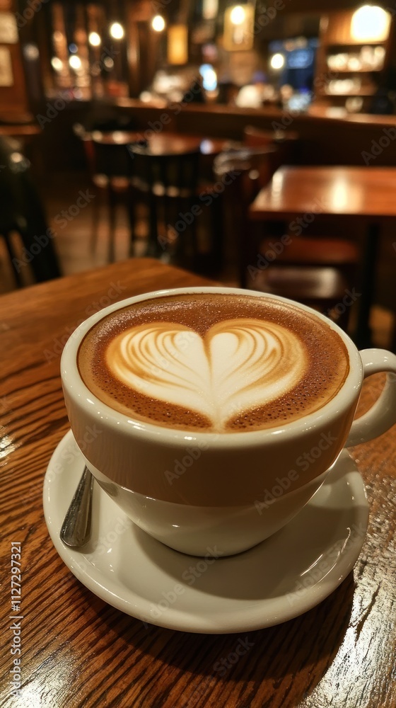 A beautifully crafted latte with heart-shaped foam art in a cozy caf? setting. A beautifully crafted latte with heart-shaped foam art in a cozy caf? setting.