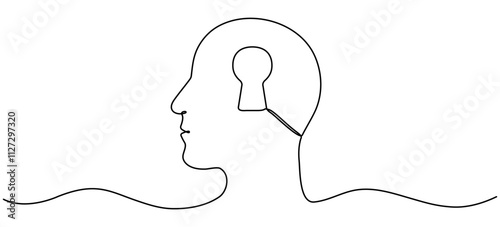 Head with keyhole inside continuous line drawing. Human potential concept. Vector hand drawn illustration isolated on white.