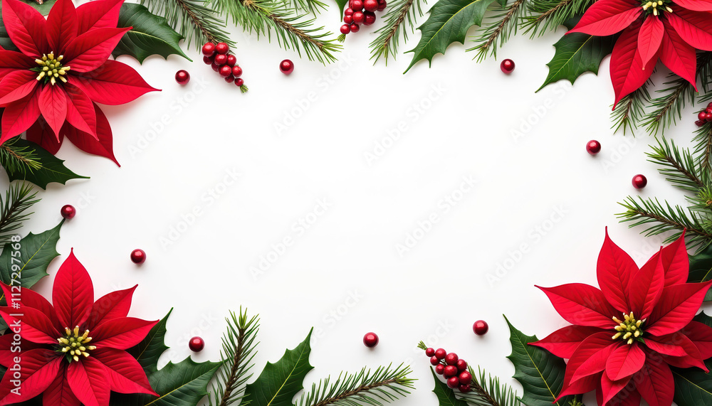 Banner with red poinsettia, frame for text, white background. Banner with red poinsettia, frame for text, white background.