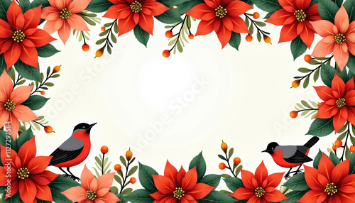 Illustration with red poinsettia and snowfinches, Christmas card frame, light background, space for text. photo