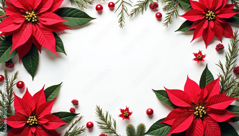 Banner with red poinsettia, frame for text, white background. Banner with red poinsettia, frame for text, white background.