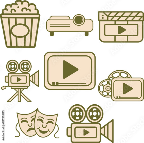 Movie icons set. Collection icons. Popcorn box, movie, clapperboard, cinema, projector, video and more. Beige vector icons related to movies.