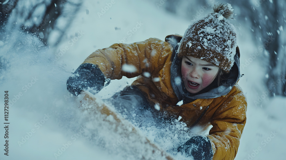 A thrilling moment of a child narrowly dodging a snowy obstacle on their sled.