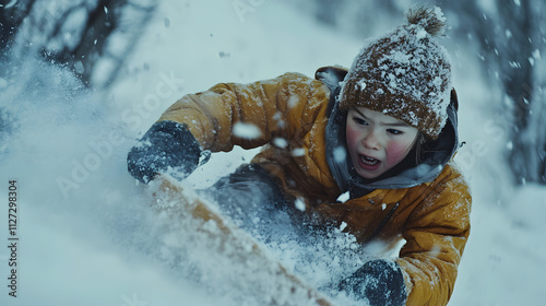 Obraz na płótnie A thrilling moment of a child narrowly dodging a snowy obstacle on their sled. w salonie