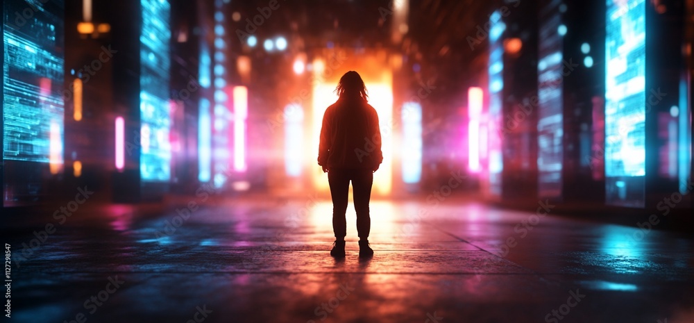 A figure stands alone in a vibrant, futuristic cityscape.