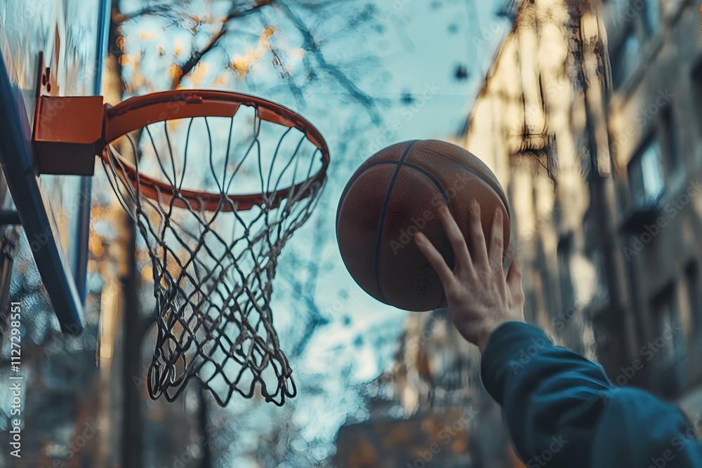 A player reaches up to shoot a basketball towards the hoop on a city street as daylight fades A player reaches up to shoot a basketball towards the hoop on a city street as daylight fades