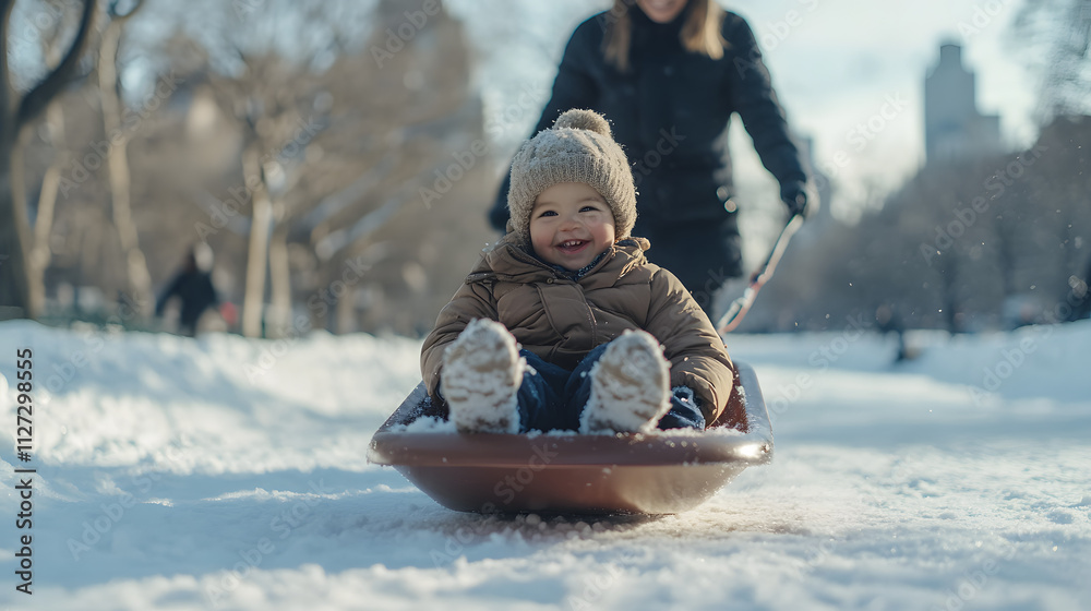 A toddler bundled up sitting on a sled as a parent pulls them across a snowy park.