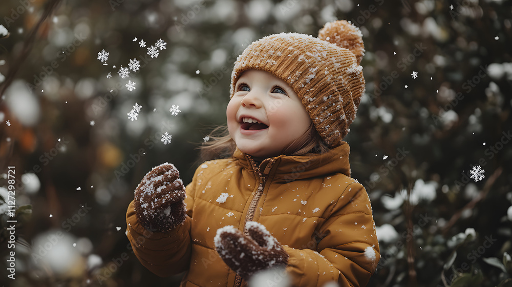 A toddler giggling as they try to catch snowflakes with their tiny mittens.