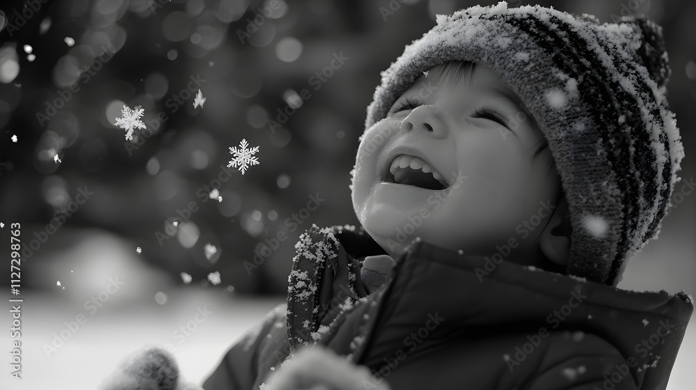 A toddler giggling as they try to catch snowflakes with their tiny mittens.